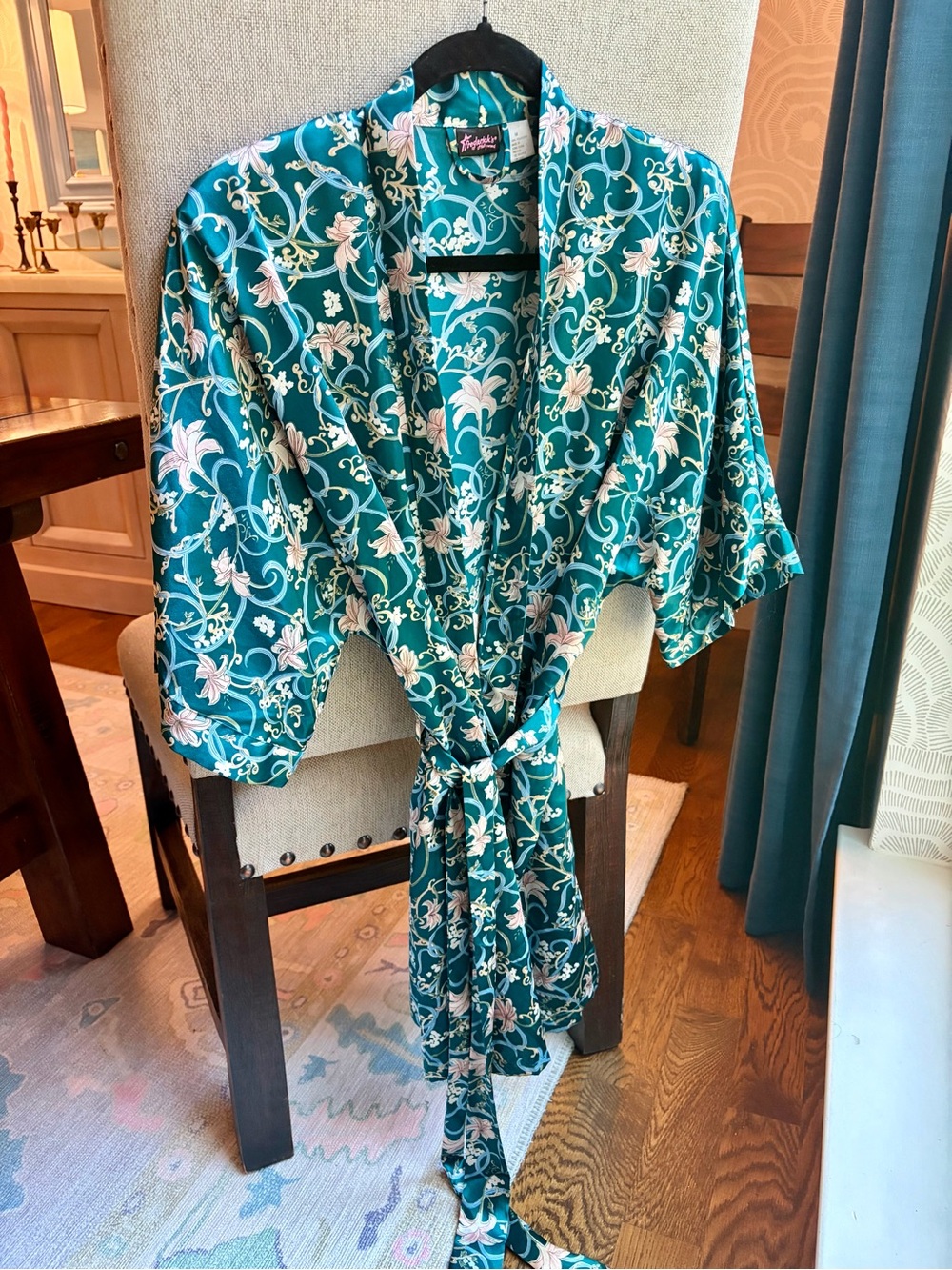 Vintage Frederick’s of Hollywood Satin Floral Kimono Robe Teal Belted Size M